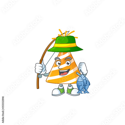 A Caricature picture of yellow party hat fisher succeed catch a fish