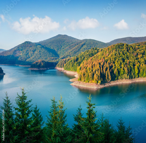 Canvastavla Colorful morning view of the valley of Lacul Dragan lake, Cluj County, Romania
