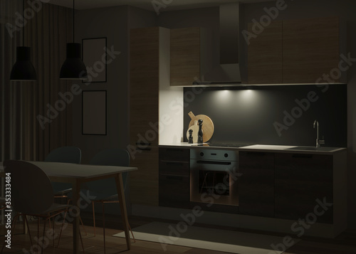 Kitchen interior in a modern style. Night. Evening lighting. 3D rendering.