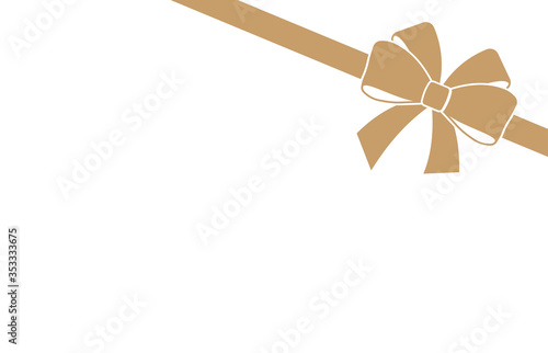Decorative golden satin bow with  ribbon isolated on white. Vector gift bow with curled ribbon for page decor.