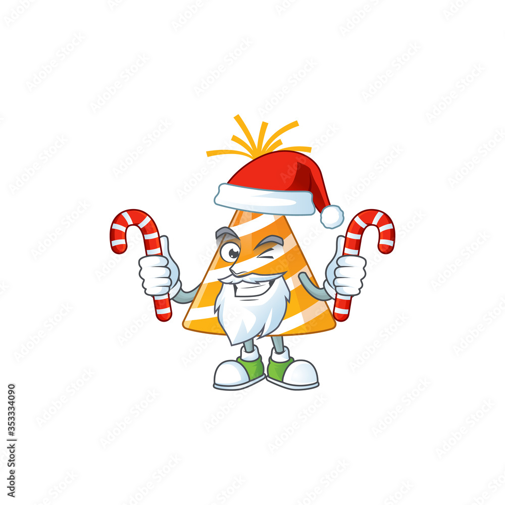 Cartoon character of yellow party hat as a Santa having candies Cartoon character of yellow party hat as a Santa having candies