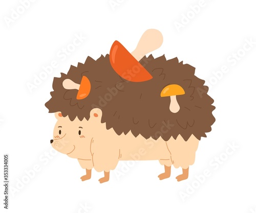 Funny hedgehog carrying colorful mushrooms vector flat illustration. Hand dra...