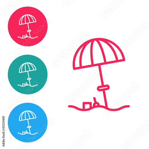 Red line Sun protective umbrella for beach icon isolated on white background. Large parasol for outdoor space. Beach umbrella. Set icons in circle buttons. Vector Illustration.