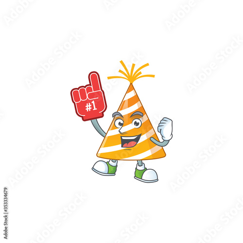 Yellow party hat Cartoon character design style with a red foam finger