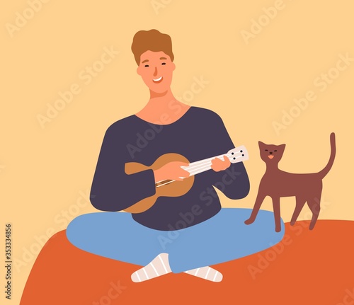 Joyful guy playing on ukulele and singing having fun with cat vector flat ill...