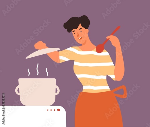 Happy housewife open lid of pan during cooking food vector flat illustration. Smiling young woman in apron holding spoon preparing meal on stove isolated. Joyful domestic female at kitchen