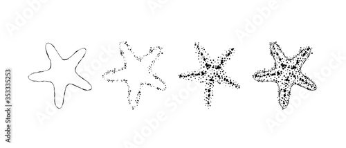 Hand drawn black contour starfish constructor. Outline, cartoon, tattoo design with dots.