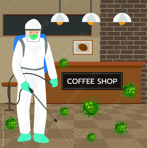 Vector illustration of a coronary injection (Covid-19) personnel sterilizing spray inside the coffee shop.