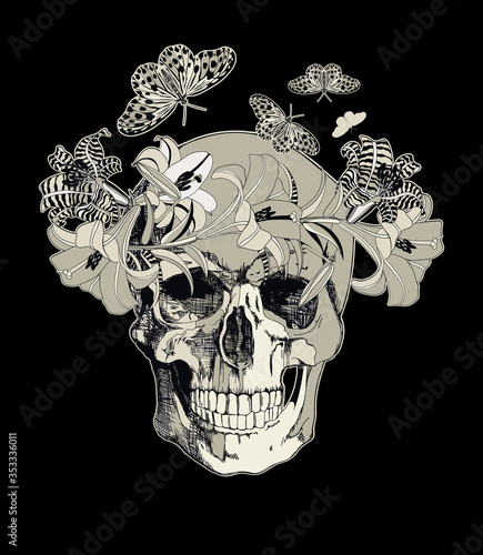 Skull with flower wreath and butterflies vintage style illustration	
