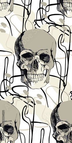 Modern skull with abstract shape and line seamless pattern