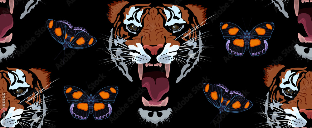Fototapeta premium Tiger roar with butterfly seamless pattern