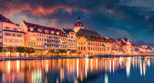 Panoramic evening view of popular tourist attraction - Kornschutte. Spectacular autumn cityscape of Lucerne. Stunning outdoor view of Switzerland, Europe. Traveling concept background.