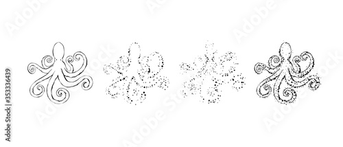 Hand drawn black contour octopus. Outline, cartoon, tattoo design with dots, spary texture.