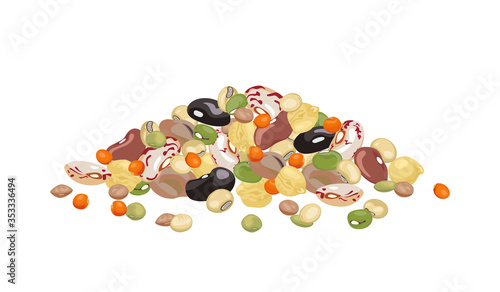 Heap of different beans and legumes isolated on white background.
Pile of bean, green pea, chickpea, mung bean, soybean and lentil. Vector illustration of organic healthy food in cartoon flat style. photo