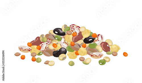 Heap of different beans and legumes isolated on white background.
Pile of bean, green pea, chickpea, mung bean, soybean and lentil. Vector illustration of organic healthy food in cartoon flat style.