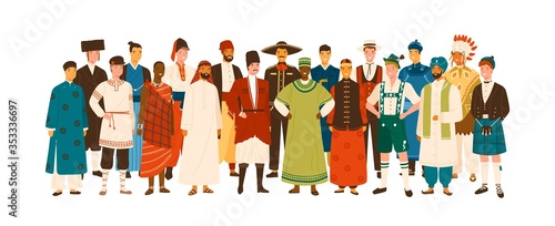 Group of diverse smiling man wearing in folk costumes of various countries vector flat illustration. Happy multinational male people standing in ethnic clothing isolated on white background