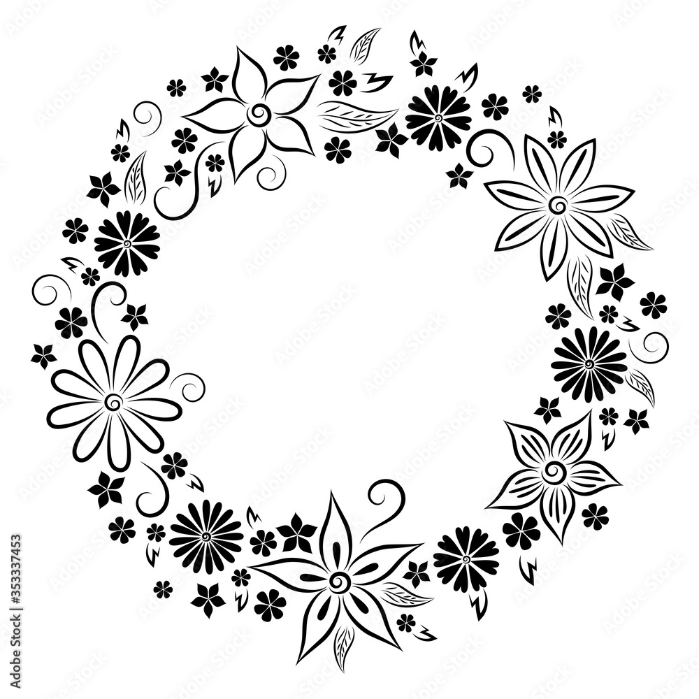 Wreath of stylized flowers. Drawing a black line. Clipart for design: greeting card, poster, banner. Decoration. Template. Isolated object white background. Vector illustration. Copy space.