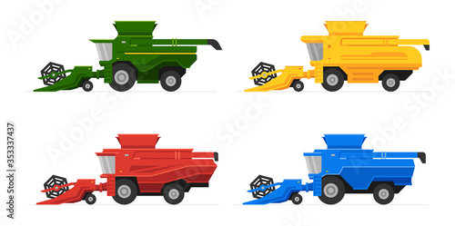 Combine harvesters Set. Rural industrial farm technics. flat style. isolated on white background photo