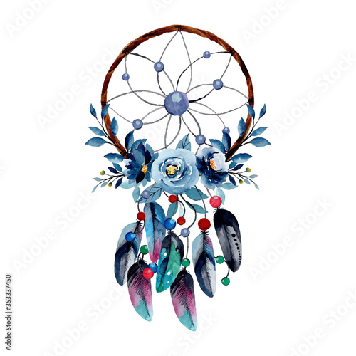 Watercolor dream catcher with blue flower and feather