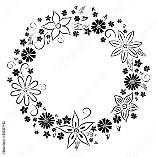 Wreath of stylized flowers. Drawing a black line. Clipart for design  greeting card  poster  banner. Decoration. Template. Isolated object white background. Vector illustration. Copy space.