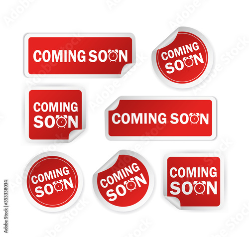 Red coming soon sticker on white background for promotion design. Vintage label. Round button. Vector icon.