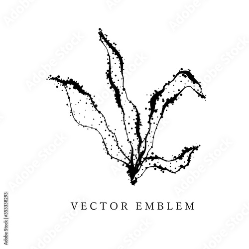 Hand drawn black contour seaweed. Outline, cartoon, tattoo design with dots, spary texture.