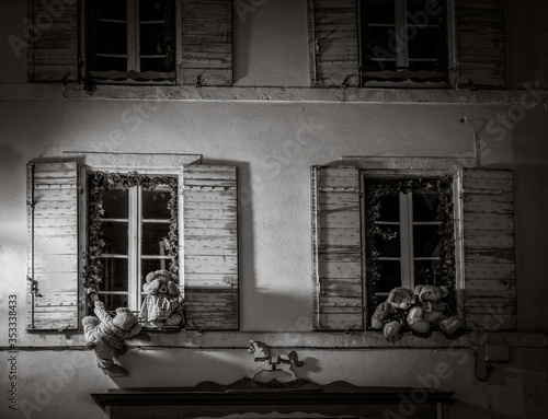 Exterior view of toy shop at night