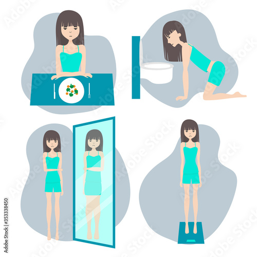 Food addiction concept. Anorexia, bulimia. The girl is afraid to eat, weigh herself, look in the mirror. Vomiting after eating. Mental disorder and depression. Vector illustration.