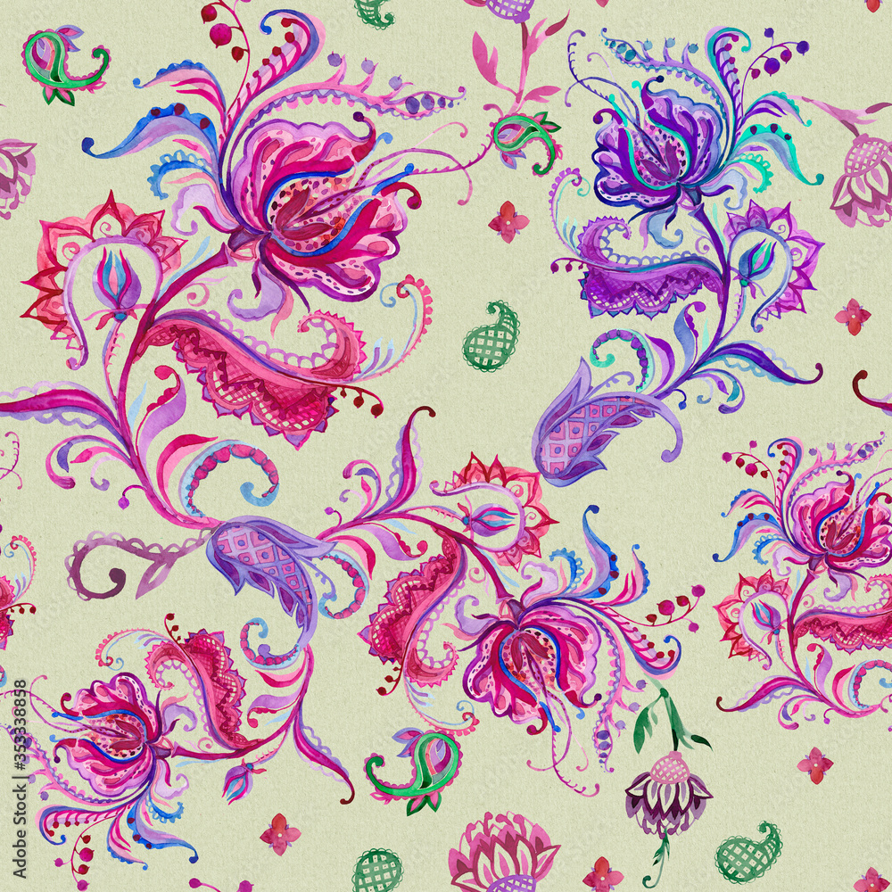 Hand drawing in watercolor.The background is old,gray paper.Ethnic seamless pattern in the style of kalamkari, fancy floral, Paisley .East Indian traditional, graphic fancy seamless printing,ceramic. Hand drawing in watercolor.The background is old,gray paper.Ethnic seamless pattern in the style of kalamkari, fancy floral, Paisley .East Indian traditional, graphic fancy seamless printing,ceramic.