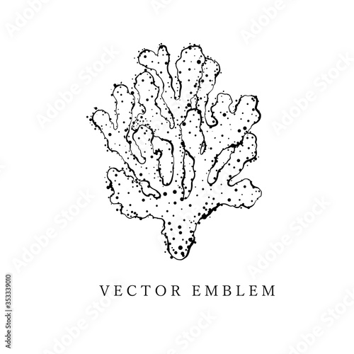 Hand drawn black contour coral. Outline, cartoon, tattoo design with dots, spray texture.