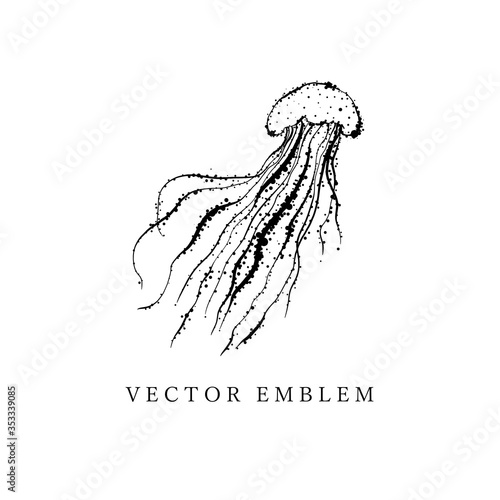Hand drawn black contour jellyfish. Outline, cartoon, tattoo design with dots, spray texture.