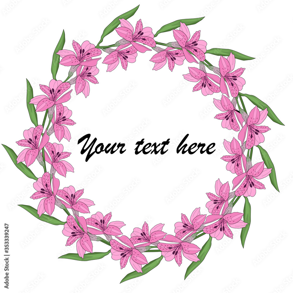 Vector round flower frame isolated on white background. Wreath of pink alstroemeria flowers. Vector arrangements for greeting card or invitation design Vector round flower frame isolated on white background. Wreath of pink alstroemeria flowers. Vector arrangements for greeting card or invitation design