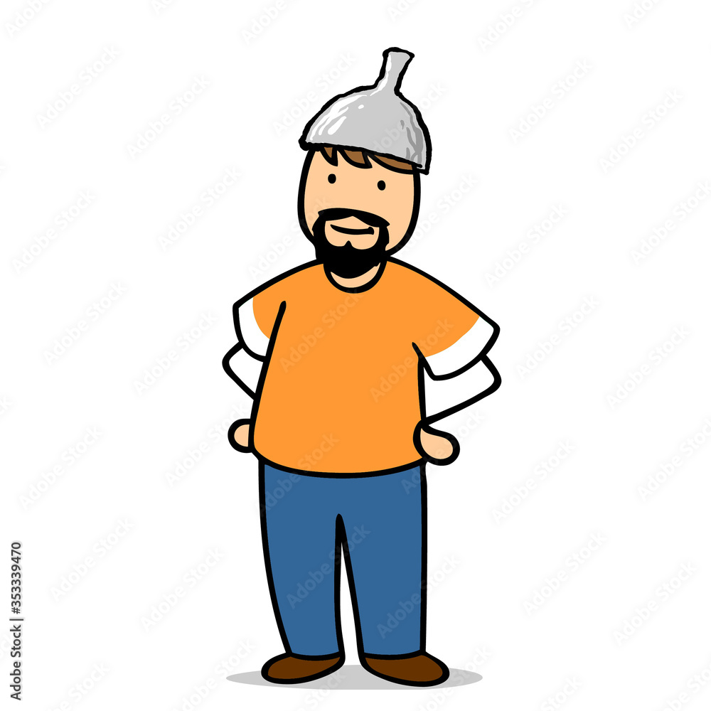 Cartoon Mann mit Aluhut als Verschwörungstheoretiker Cartoon Mann mit Aluhut als Verschwörungstheoretiker