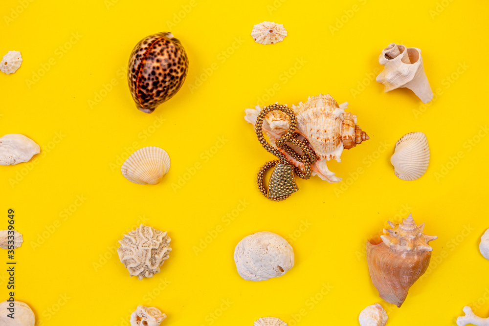 Beautiful necklaces are laid with shells. Costume jewelry is perfectly harmonises with yellow color. The composition looks modern and bright. These necklaces are suitable for any girl as a gift Beautiful necklaces are laid with shells. Costume jewelry is perfectly harmonises with yellow color. The composition looks modern and bright. These necklaces are suitable for any girl as a gift
