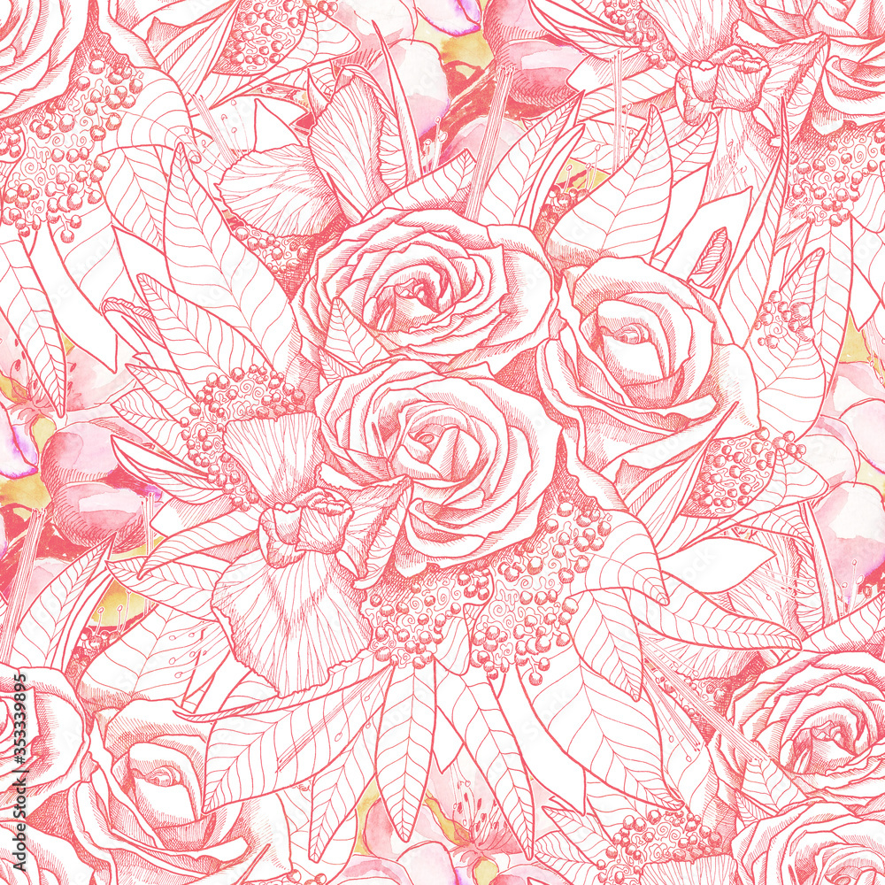 Seamless pattern a bouquet of roses and apple leaves, watercolor and graphics, handmade