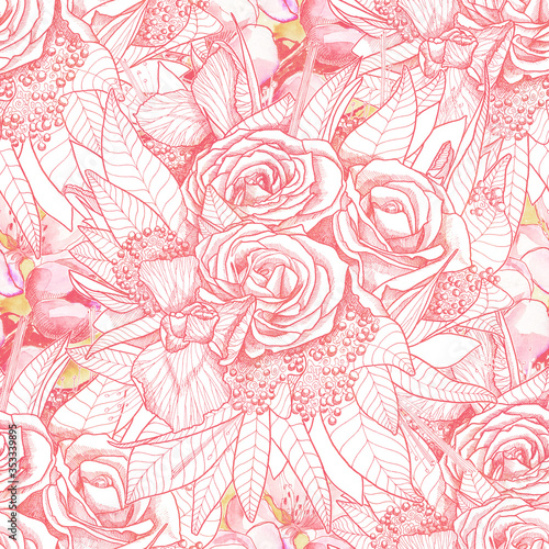 Fototapeta Naklejka Na Ścianę i Meble -  Seamless pattern a bouquet of roses and apple leaves, watercolor and graphics, handmade
