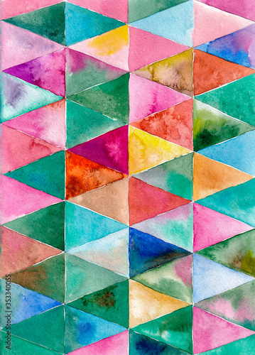 Сolored triangles watercolors.Popular, creative print.Pink,green,blue triangles.The design is suitable for fabric,t-shirt,notebook cover,smartphone case.