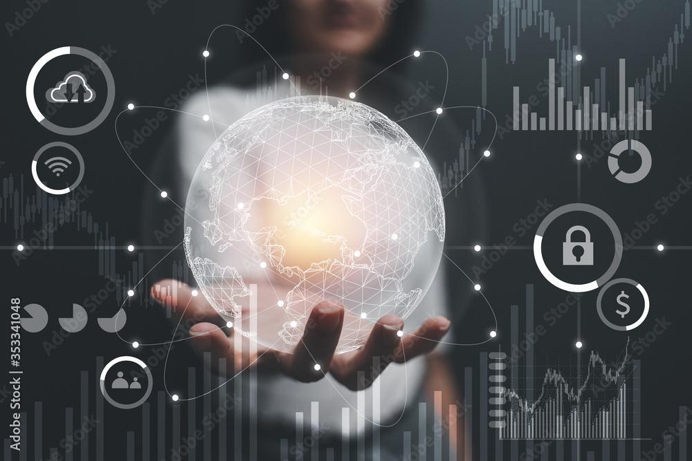 Communication technology and internet worldwide for business concept.Woman hand holding Business World. Communication technology and internet worldwide for business concept.Woman hand holding Business World.