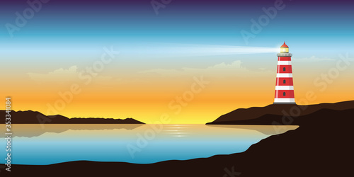 lighthouse by the ocean at beautiful sunset seascape vector illustration EPS10