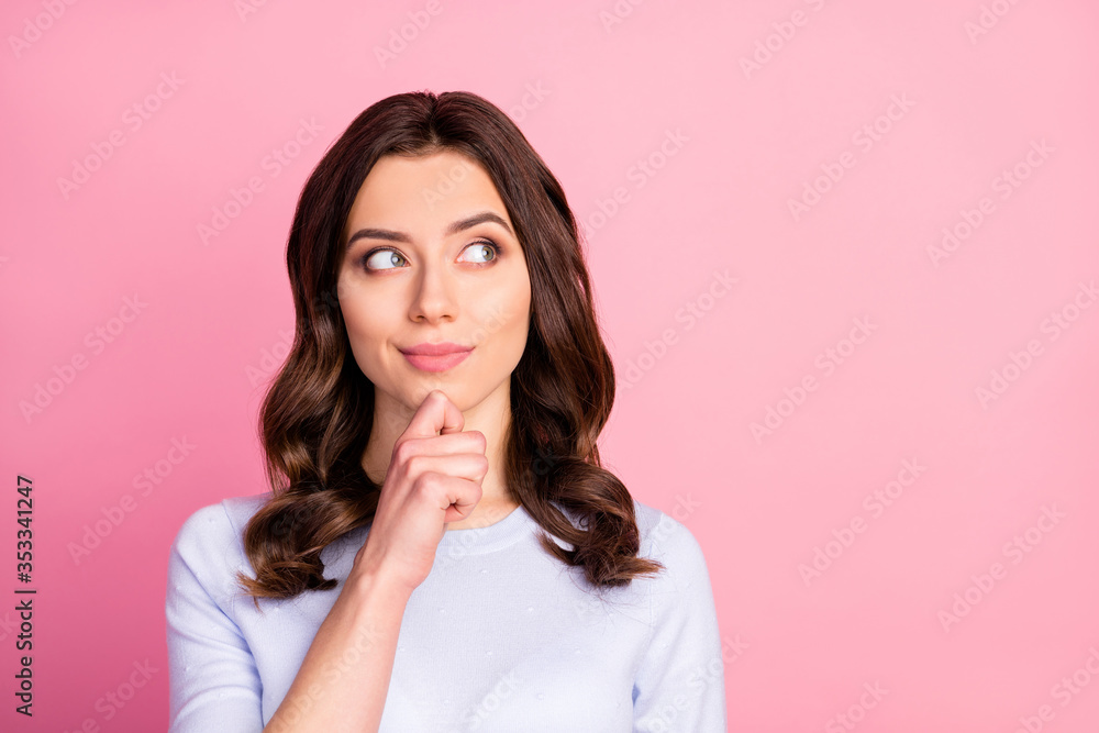 Closeup photo of attractive pretty smart lady wavy hairdo look interested empty space inspiration moment hold arm on chin wear casual white pullover isolated pink color background - obrazy, fototapety, plakaty 