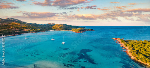View from flying drone. Stunning summer scene of Rondinara beach. Bright morning seascape of Mediterranean sea. Panoramic view of Corsica island, France. Beauty of nature concept background.. © Andrew Mayovskyy