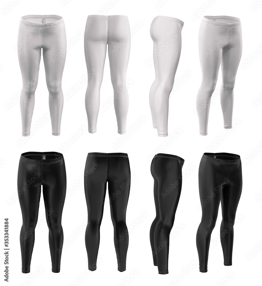 Leggings for women of white and black. Front, back, side view. Sportswear  set. Mock up. Blank clean template. 3d realistic detailed mockup for your  design and branding isolated on white background. Illustration