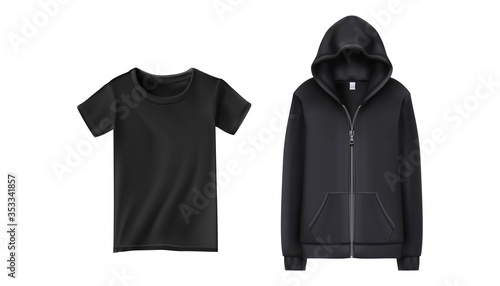3d realistic vector black sport hoodie and t shirt. Vector illustration on white background.