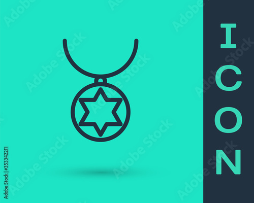 Black line Star of David necklace on chain icon isolated on green background. Jewish religion. Symbol of Israel. Jewellery and accessory. Vector Illustration.