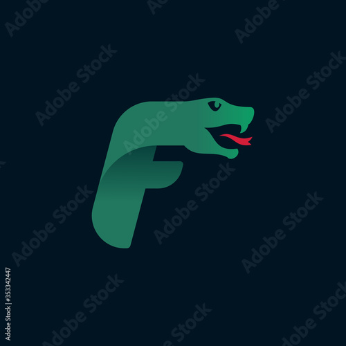 F letter logo with snake head silhouette.