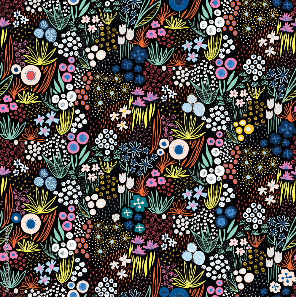 Liberty Flower meadow on black seamless vector pattern. Repeating doodle flowers in bright colors on black background half drop repeat. Scandinavian style line art florals. For fabric, wallpaper Liberty Flower meadow on black seamless vector pattern. Repeating doodle flowers in bright colors on black background half drop repeat. Scandinavian style line art florals. For fabric, wallpaper