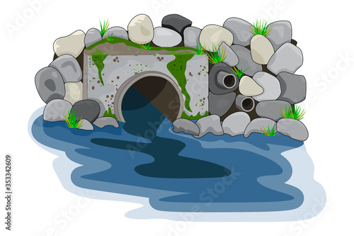 Water pollution from industrial pipe. Wastewater discharge from plant. Plant wastewater emissions into river or sea. Environmental pollution. Dirty toxic effluents,sewage and pond contamination.Vector