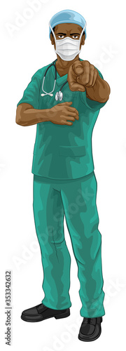A doctor or nurse medical healthcare professional wearing scrubs uniform. Pointing at the viewer in a needs or wants you gesture with serious but caring look. Wearing PPE including face mask.