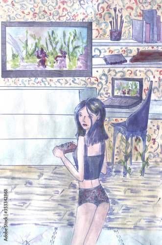 A girl is playing a video game. The work was done in watercolor.