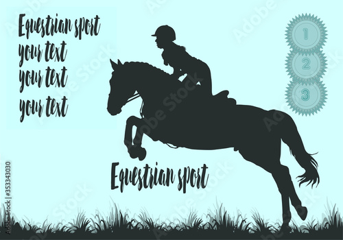 equestrian competition, show jumping, women riders on horseback, isolated images, silhouette on a blue background, for decoration and design, place for your text